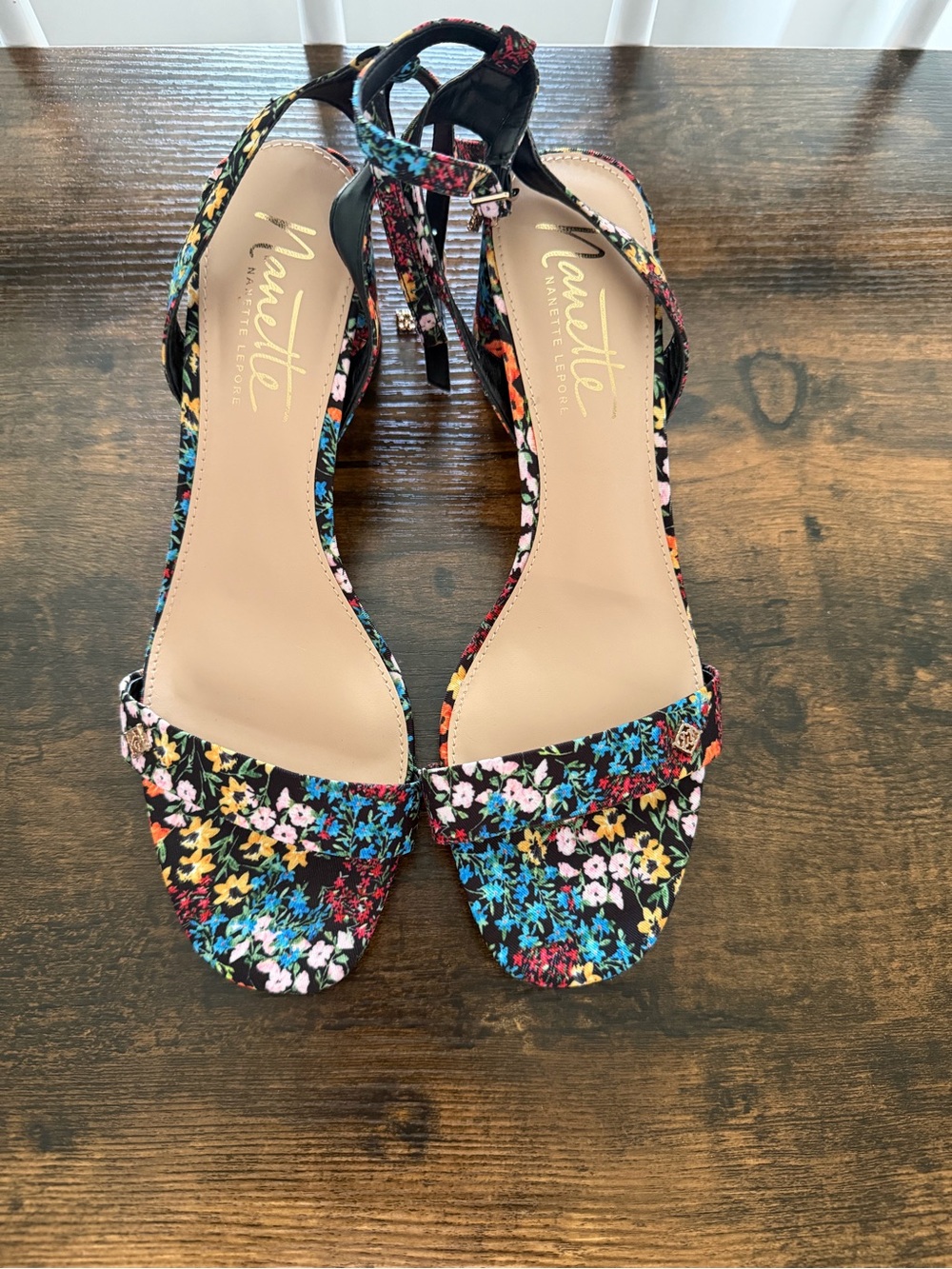 Nanette Lepore Black Floral Ankle-Strap Heels